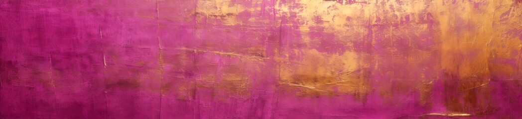 Fototapeta na wymiar Pink magenta gold yellow distressed surface. Weathered, aged. Golden luxury elegant abstract background. Shiny, shimmer. vintage. Web banner. Wide. Panoramic