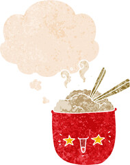 cartoon rice bowl with face with thought bubble in grunge distressed retro textured style
