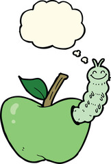 cartoon apple with bug with thought bubble