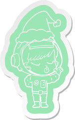 quirky cartoon  sticker of a pretty astronaut girl wearing santa hat