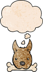 cartoon dog with bone with thought bubble in grunge texture style