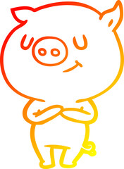 warm gradient line drawing of a happy cartoon pig