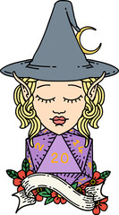 Retro Tattoo Style elf mage character with natural twenty dice roll