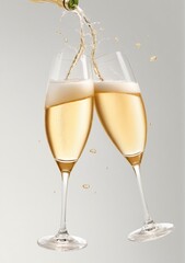 Glasses Of Champagne In A Splashing Brindisi Isolated On A White Background