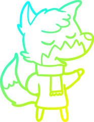 cold gradient line drawing of a friendly cartoon fox in winter clothes