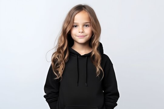 The Little Girl In Black Hoodie On White Background, Mockup