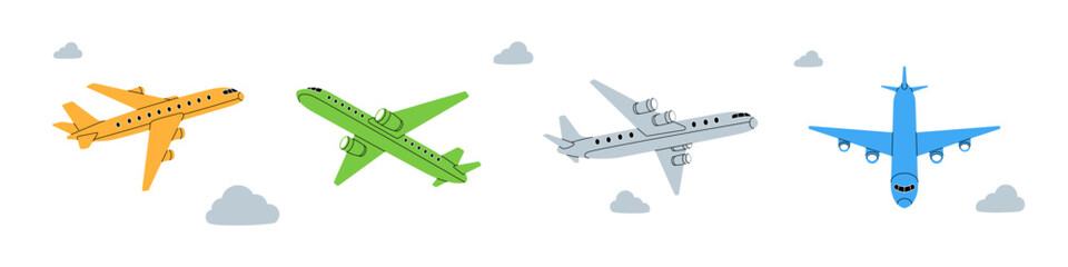 Plane set. Air transport. Passenger airplanes silhouette. Vector illustration.