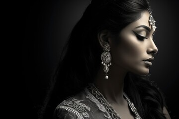 Side portrait of a beautiful female of Indian ethnicity in a desaturated colour tone - obrazy, fototapety, plakaty
