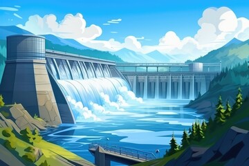 Top View Hydroelectric Dam, Blue Industrial Banner Concept - obrazy, fototapety, plakaty