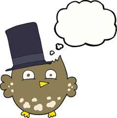 freehand drawn thought bubble cartoon little owl with top hat