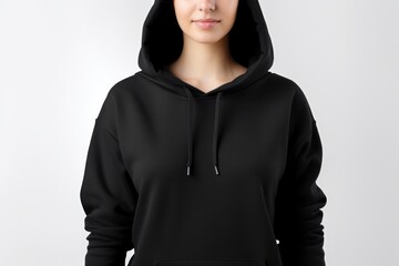 Woman In Black Hoodie On White Background, Mockup