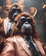 Orangutan in mafia boss style, Anthropomorphic animals, Portrait photography, AI generated image.