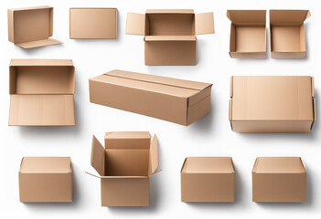 cardboard box set from side, front and top view. open and closed. on white background.