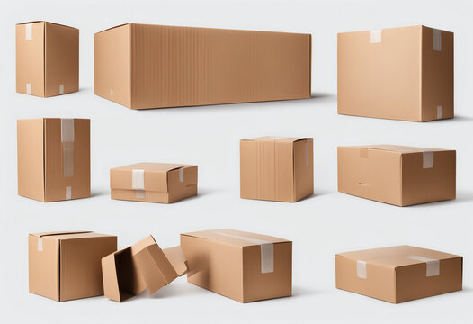 Parcel packaging set from side, front and top view. open and closed. isolated on white background.