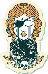 grunge sticker of a crying human rogue with natural one d20 roll