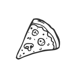 Vector illustration. Pizza slice with melted cheese and pepperoni. Hand drawn doodle. Cartoon sketch.