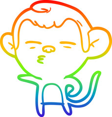 rainbow gradient line drawing of a cartoon suspicious monkey