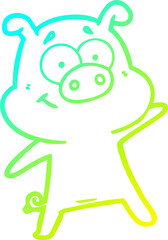 cold gradient line drawing of a happy cartoon pig