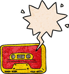 cartoon old tape cassette with speech bubble in retro texture style