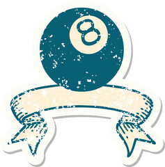 worn old sticker with banner of 8 ball