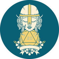 Retro Tattoo Style elf fighter with natural 20 dice roll