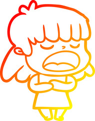 warm gradient line drawing of a cartoon woman talking loudly