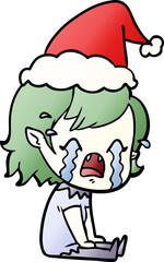 hand drawn gradient cartoon of a crying vampire girl wearing santa hat