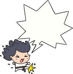 cute cartoon kicking karate champion with speech bubble