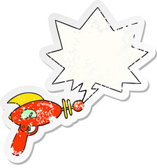 cartoon ray gun with speech bubble distressed distressed old sticker