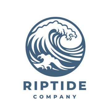 Breaking wave logo. Tidal riptide surfing icon. Crashing coastal surf emblem. Ocean marine sea water nature vector illustration.