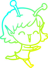 cold gradient line drawing of a cartoon alien girl laughing