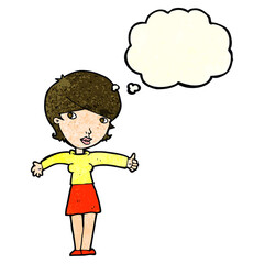 cartoon woman giving thumbs up symbol with thought bubble