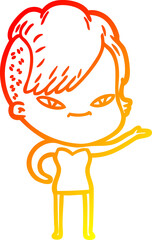 warm gradient line drawing of a cute cartoon girl with hipster haircut
