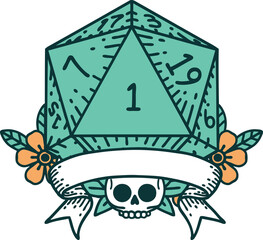 Retro Tattoo Style natural one d20 dice roll