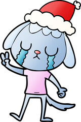 cute hand drawn gradient cartoon of a dog crying wearing santa hat