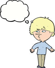 cartoon suspicious man looking over shoulder with thought bubble