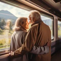 Poster  Back side view, Close up at elder couple's hand embrace around their waist and hug during travel by train and landscape scenery through train's window. © Peeradontax