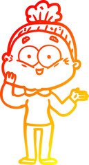 warm gradient line drawing of a cartoon happy old woman