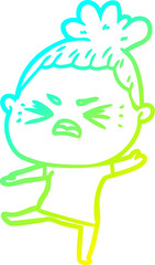 cold gradient line drawing of a cartoon angry woman