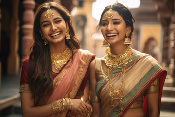 Two Indian ethnic beautiful young women wearing traditional costumes and jewellery having a fun time in the outdoor