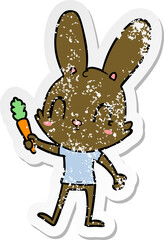 distressed sticker of a cute cartoon rabbit with carrot