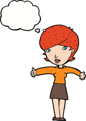 cartoon woman giving thumbs up symbol with thought bubble
