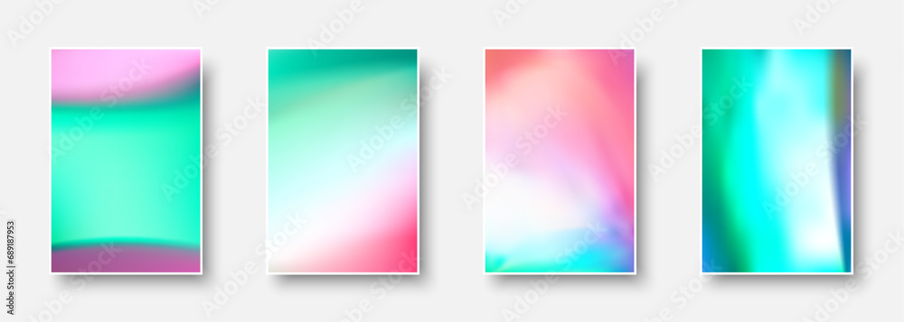 Wall mural set of colorful hologram paper card. abstract holographic wavy gradient mesh color backgrounds.