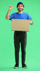 full-length male courier holding a box on a green background