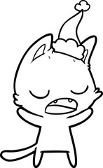 talking cat hand drawn line drawing of a wearing santa hat