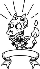 scroll banner with black line work tattoo style skeleton demon character