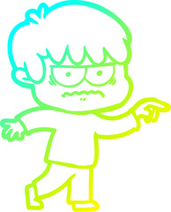 cold gradient line drawing of a annoyed cartoon boy