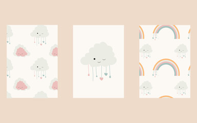 A collection of charming Scandinavian style boho baby cards featuring adorable doodle children clipart.Cute cartoon bohemian nursery posters.For shower invitations, posters, and more.