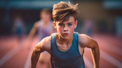 Close up photography of a young boy runner athlete wearing grey athletic t-shirt, sprinting on orange racetrack. Sport lifestyle, athletics competition, junior champion in athletics concept