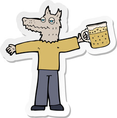sticker of a cartoon wolf man drinking beer